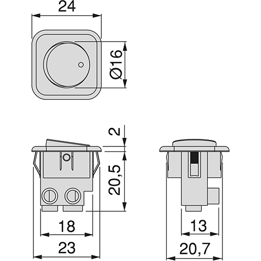 Technische Zeichnung von EINBAUSCHALTER 21X21 MM 10 STK 105
