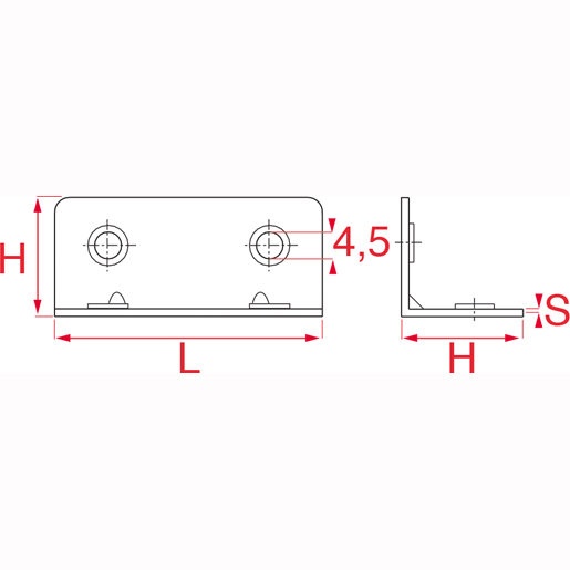 Technische Zeichnung von Gebogene Platte 4 Löcher verzinktes Eisen 100