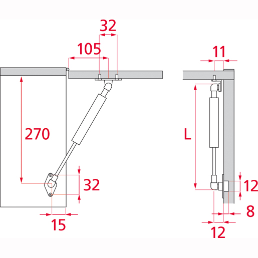 Disegno tecnico di Pistone a GAS per ante a ribalta verso l’alto 100