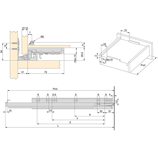 Technische Zeichnung von SCHUBLADENFÜHRUNG MIT VOLLAUSZUG 440 MM 100