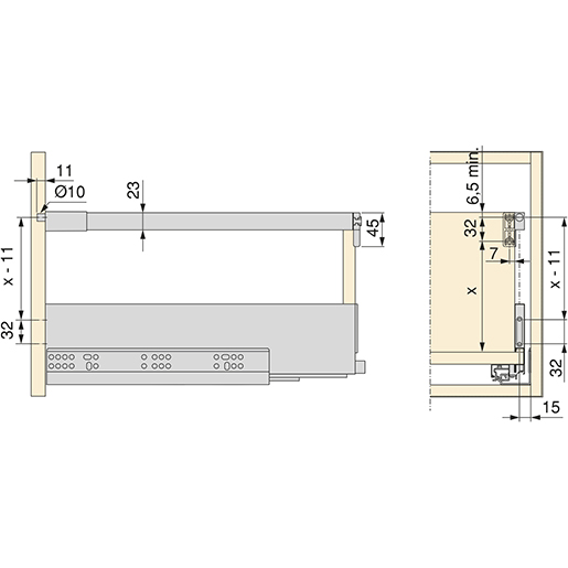 SCHUBLADENSTANGEN-KIT 500 MM BI-PACK 2ST Technische Zeichnung von SCHUBLADENSTANGEN-KIT 500 MM BI-PACK 2ST 100