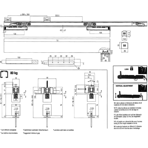Technische Zeichnung von Türgleitschiene 80/120 kg System 0600/80 100