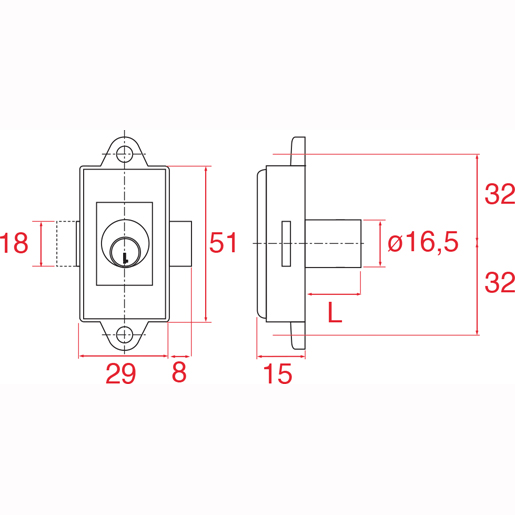 SERRATURA ASTA ROTANTE 16,5X21 OT Disegno tecnico di SERRATURA ASTA ROTANTE 16,5X21 OT 100