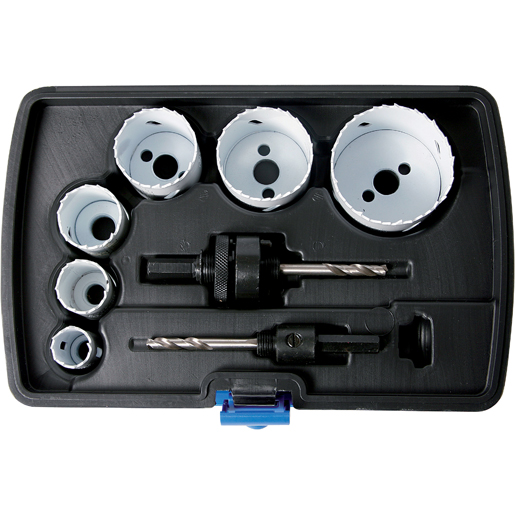 Assortment of hole saws in a case