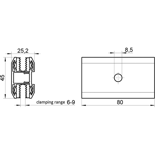 Technische Zeichnung von Mittelklemme 6,8 mm für Glasmodule 105