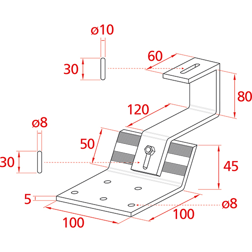 Technische Zeichnung von Einfach verstellbare LIGHT Halterung für Dachpfannen und -ziegel 100