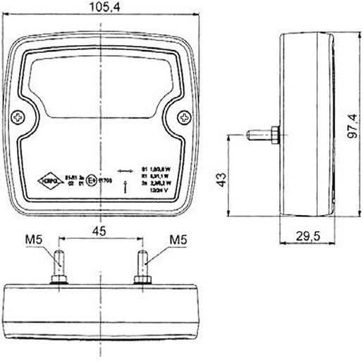 Technische Zeichnung von Rücklicht 3 Funktionen LED 12/24V 100