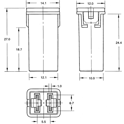 Dessin technique de Fusible JCASE avec connecteur femelle 100
