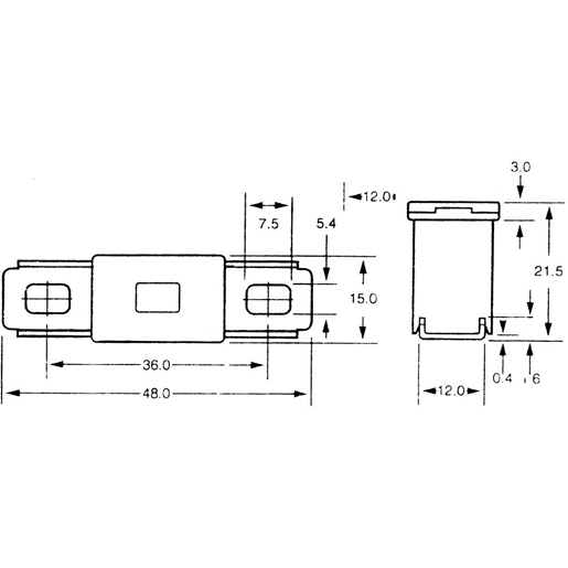 Dibujo técnico de Fusible PAL serie 283 macho lateral enchufable 100