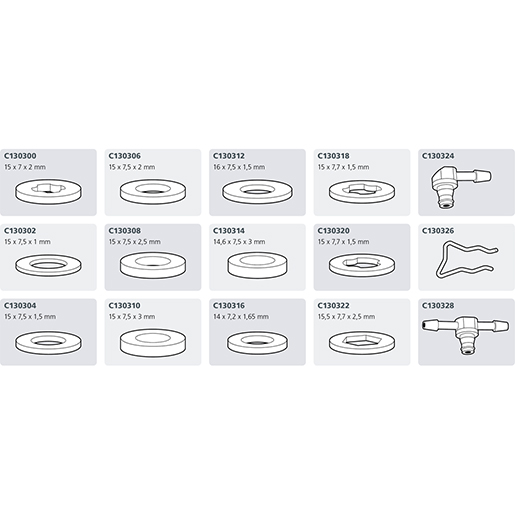 Technische Zeichnung von Satz Unterlegscheiben und Fittings für Injektorenbasis 450 St 100