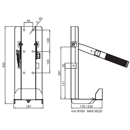 Technische Zeichnung von Offener vertikaler Feuerlöscherhalter aus Stahl 463x167x170 mm 100