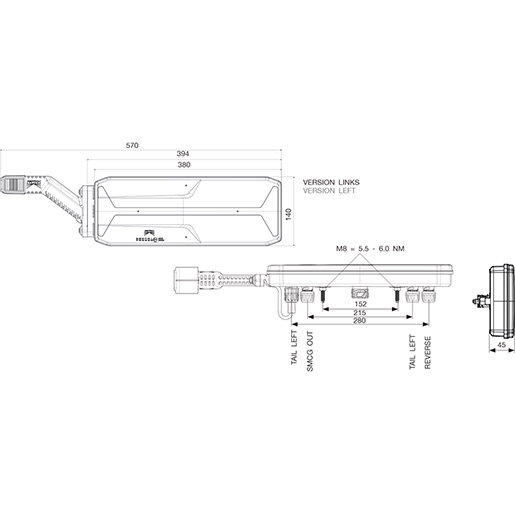 Technische Zeichnung von Rechtes LED-Licht 24 V 4AUX SMCG mit Umrisslicht ECOLED 3 100