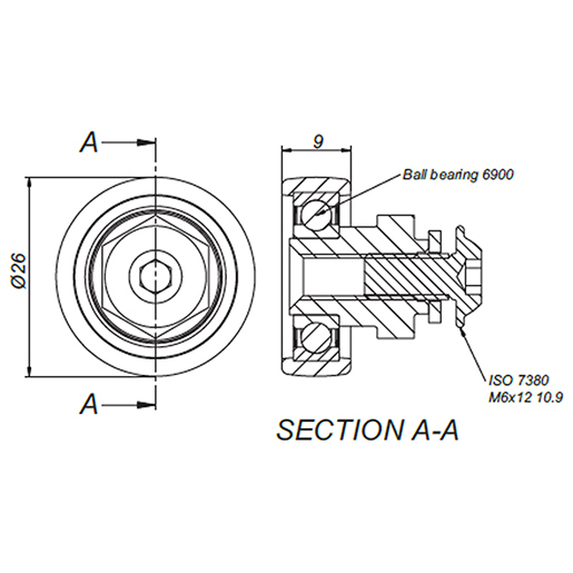 Detalle de COJINETE NYLON Ø26 ROSCA M6 300