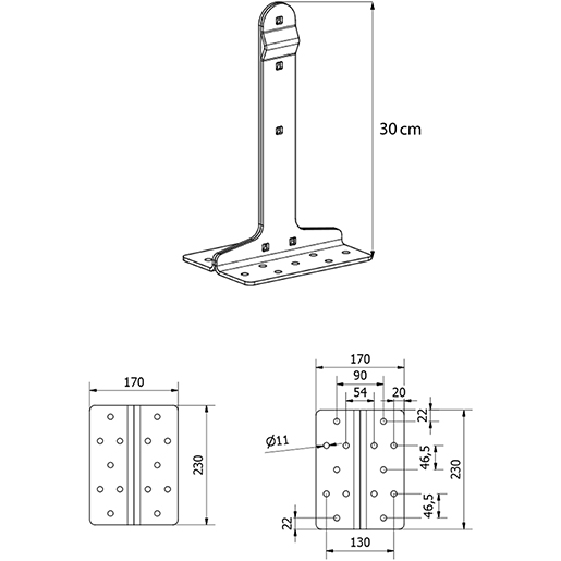Verformbares Zwischenverankerungsgerät flache Basis 30 cm Technische Zeichnung von Verformbares Zwischenverankerungsgerät flache Basis 30 cm 100