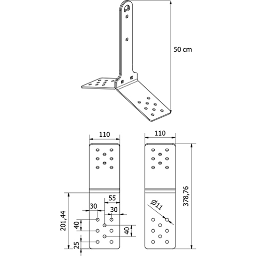 Verformbares Ankergerät mit doppelter Neigung 50 cm Technische Zeichnung von Verformbares Ankergerät mit doppelter Neigung 50 cm 100