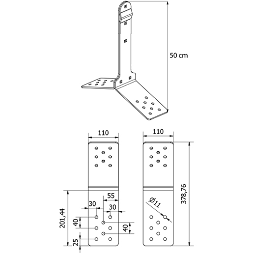 Verformbares Zwischenankergerät mit Doppelneigung 50 cm Technische Zeichnung von Verformbares Zwischenankergerät mit Doppelneigung 50 cm 100