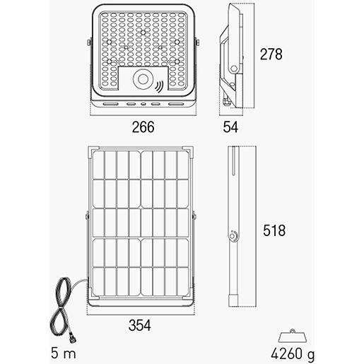 Solar-LED-Strahler mit Photovoltaikmodul ENERGY 60 W Technische Zeichnung von Solar-LED-Strahler mit Photovoltaikmodul ENERGY 60 W 100