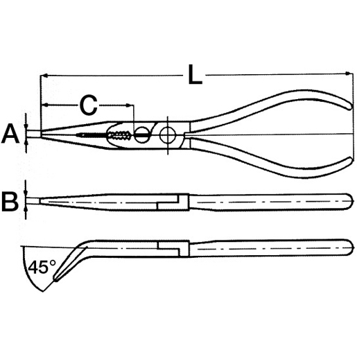 Dessin technique de PINCE A BECS DEMI ROND COURBEE MM 160 100