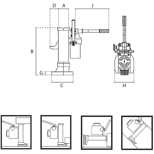 Technische Zeichnung von Hydraulikheber für schwere Lasten mit Tragfähigkeit 5 t 100
