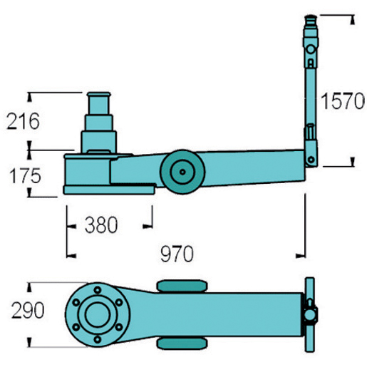 Technische Zeichnung von Niedriger, dreistufiger hydropneumatischer Wagenheber 100