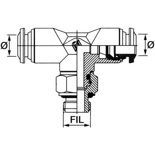 Technische Zeichnung von Drehbarer T-Anschluss mit Gewinde am Fuß 100