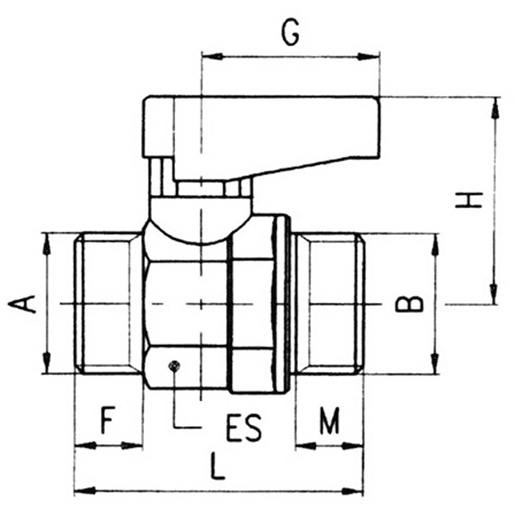 Technische Zeichnung von Kugelventil Außengewinde/Außengewinde 100