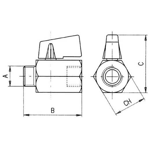 Technische Zeichnung von Kugelventil Außengewinde-Innengewinde 100