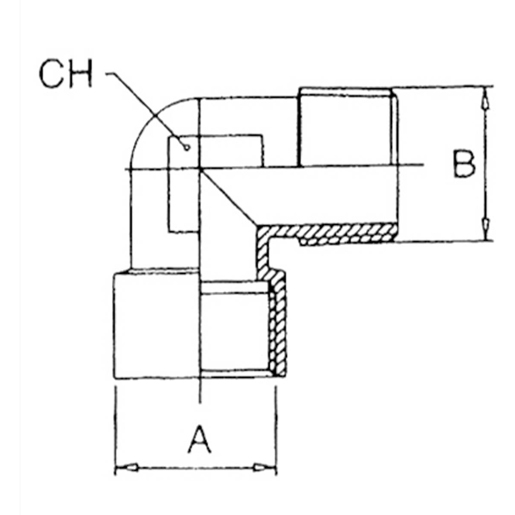 Technische Zeichnung von 90°-Kupplung Stecker-Buchse 100