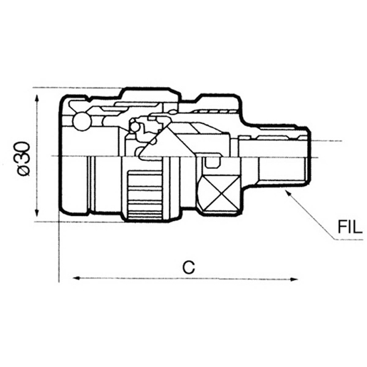 Technische Zeichnung von Kunststoffkupplung mit Ventil mit Außengewinde 100