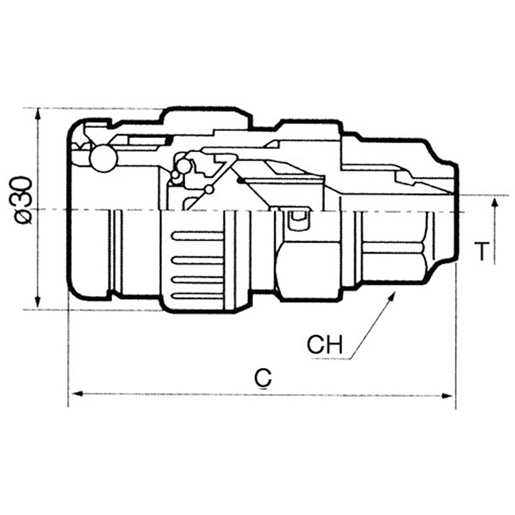 Technische Zeichnung von Kunststoffkupplung mit Ventil und Schlauchanschluss 100