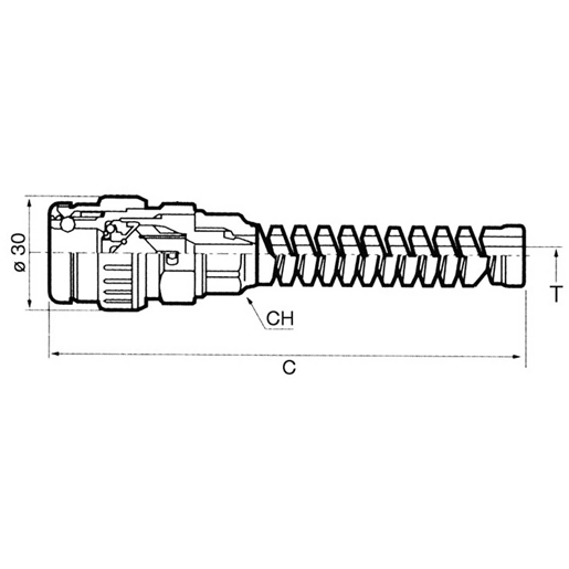 Technische Zeichnung von Kunststoffkupplung mit Ventil und Spirale 100