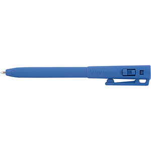 Blue pen with clip detectable by metal detector